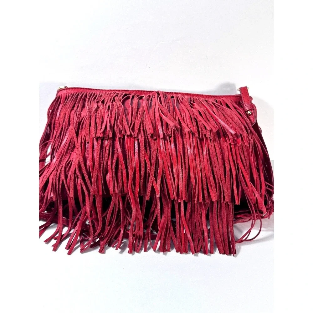Zara Woman Red Genuine Leather Fringe Bohemian Crossbody